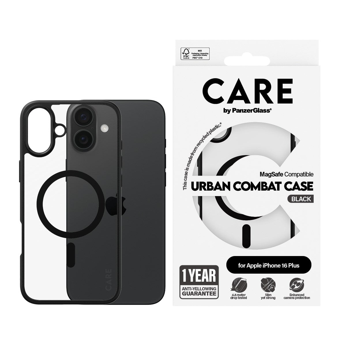 CARE by PanzerGlass® Urban Combat Case Transparent w. Black Frame & MagSafe iPhone 16 Plus